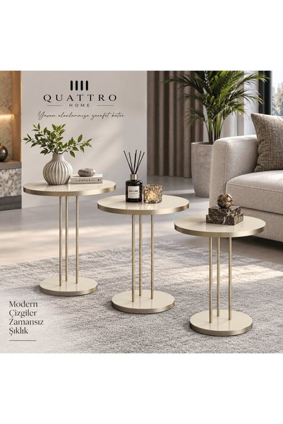 QUATTRO HOME Gümüş Metal Ayaklı Krem Bej 3'lü Zigon Sehpa Takımı