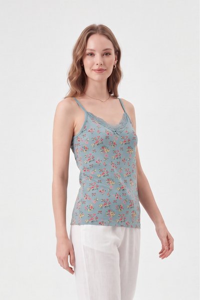 Modamorfo Floral Patterned Lace Strap Tank Top - Light Blue