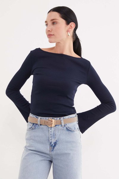 Fulla Moda Ribbed Boat Neck Flare Sleeve Slim Fit Blouse