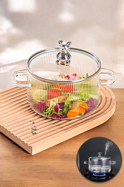 Tilbe Home Ayıcık Figürlü Borosilikat Cam Tencere 1500 ml Ocak Üstü Şeffaf Çi...