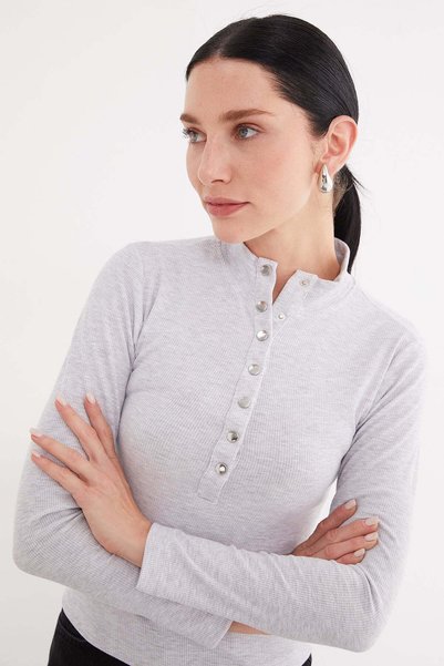 Fulla Moda Μπλούζα με ριμπ ύφανση, μισό κούμπωμα, ψηλό γιακά και στενή εφαρμογή