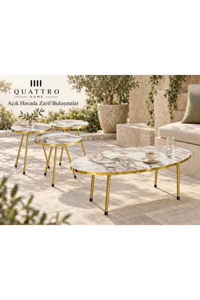 QUATTRO HOME Beyaz ve Gold Metal Ayaklı 4'lü Sehpa Seti