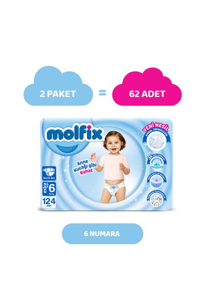 Molfix Bebek Bezi 6 Beden E.Large Hiper Ekonomi Paketi 124 Adet
