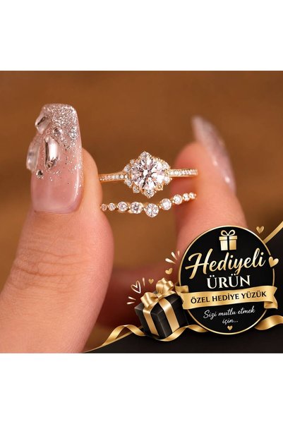 Karem Jewellery İkili Prenses Kesim Yüzük Rosse Altın Kaplama Taşlı Zarif Yüzük