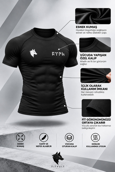 FitVult Göktürkçe Turkish Written Bozkurt Printed Short Sleeve Compression Sports Tshirt Body Fitting Body Underwear