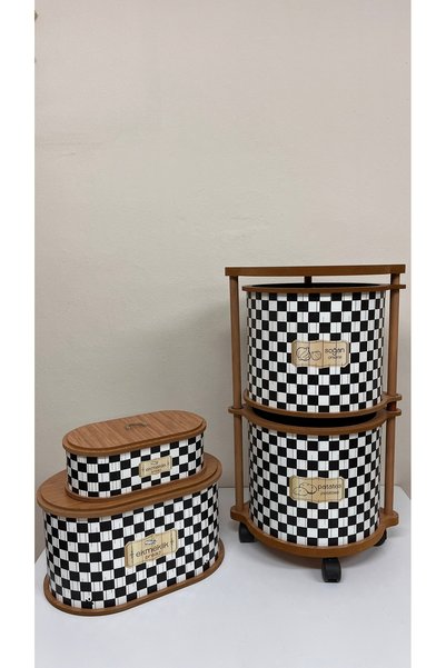 MİHMAN HOME Dama Desenli 2 Katlı Tekerlekli Çok Amaçlı Ahşap Patates Soğan Sepeti