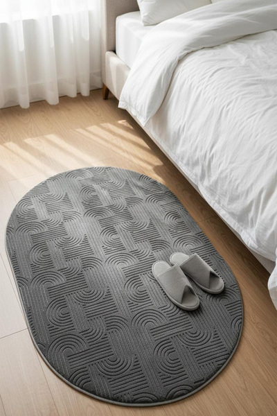 Raschel Carpet Premium Oval Yıkanabilir Leke Tutmaz Emboss Bohem Koyu Gri Özel Seri Kaymaz Taban Halı Yolluk