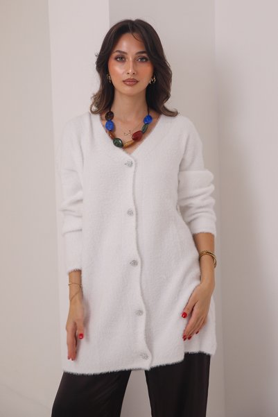 Balenbi Women's V-Neck Silver Buttoned Bearded Long Knitwear Cardigan 8603 White
