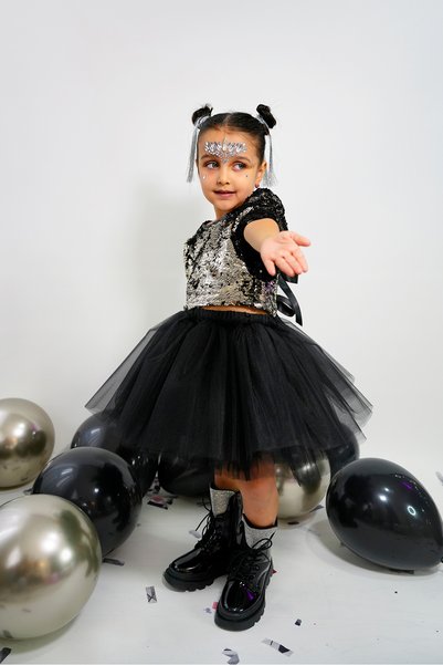 DUCA KIDS Işıltılı Payet Crop Bluz Kabarık Siyah Tül Etek İkili Takım