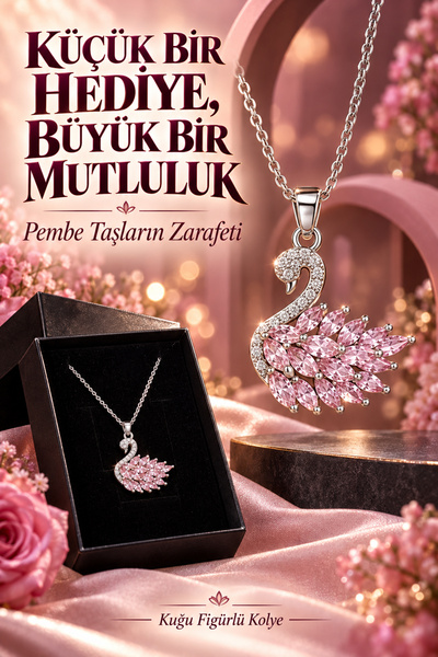 BİJUTAKİ Pembe Taşlı Kuğu Figürlü Kadın Kolye Gümüş Renk Zarif Tasarım