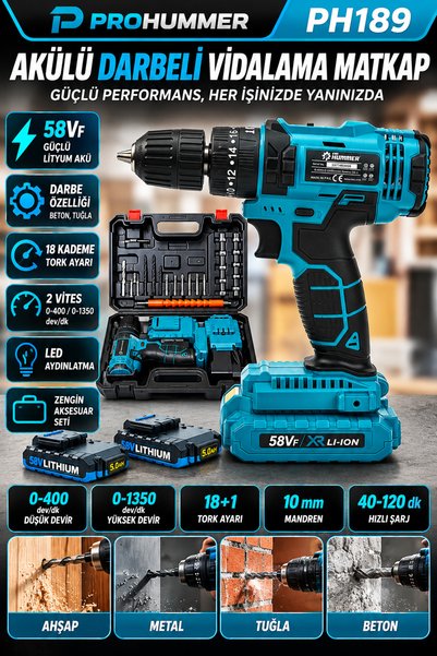 PROHUMMER Ultra Akülü 58vf Darbeli Vidalama Matkap Seti PH189