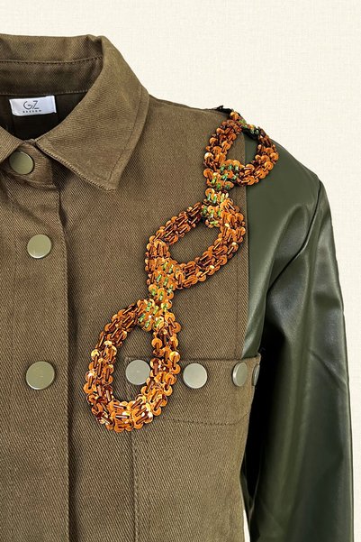 GZ Design Copper Chain Embroidered Sleeves Leather Detailed Army Green Jean Jacket
