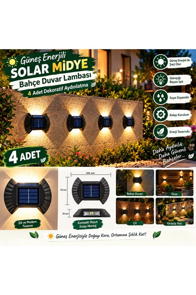 KAYAX Güneş Enerjili Solar Midye Bahçe Duvar Lambası 4 Adet Dekoratif Aydınlatma