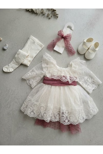 Pugi Baby طقم فستان الأميرة مكون من 4 قطع للفتيات الصغيرات مبطن بالقطن لحفلات استقبال المولود - أعياد الميلاد - الخطوبة