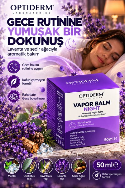 Optiderm Vapor Balm Night Lavanta ve Sedir Ağacı Yağı İçeren Aromatik Bakım B...