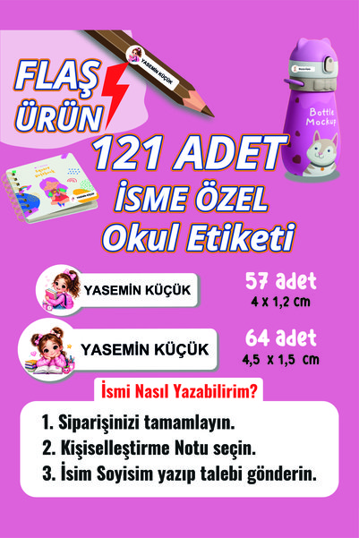 YUNUS COPY Okul Etiketi Kalem Defter Etiketi Neşeli Kız Özel Isim Yazılabilen...