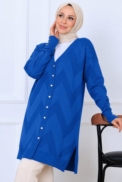 benguen Patterned Long Mercerized Cardigan N3193 Cobalt Blue