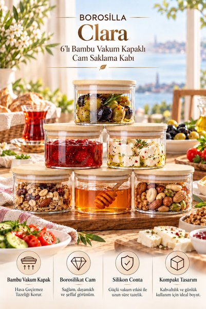 BOROSİLLA 6'lı Borosilikat Cam Kahvaltılık Seti 350 ml – Vakumlu Silikonlu Ba...