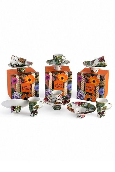 Edora Home Türk Kahvesi Fincan Takımı İçe Geçmeli Safari Bloom 6 Kişilik 12 Parça (Makinede Yıkanmaz)