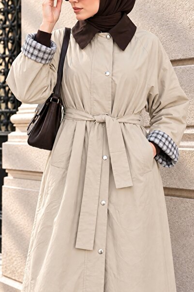 İmajButik Beige Zippered, Snap-Fastened, Belted, Lined Trench Coat