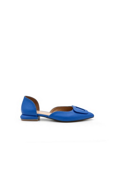 Folle Blue Leather Flat Heeled Women's Ballerina Shoes with Buckle Detail