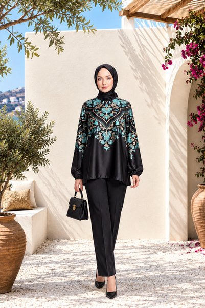 Muslima Wear Black Gold Leaf Patterned Jasmine Blouse