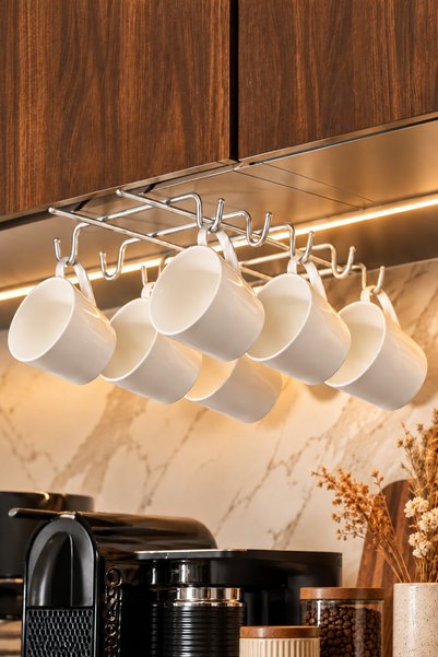Edora Home Parlak Silver 10 Kancalı Bardak Askılığı Raf Altı Kupa Fincan Düzenleyici Paslanmaz Metal