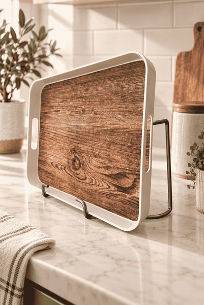 Edora Home Shiny Silver Metal Tray Stand Countertop Tray Organizer and Tray Holder Stand