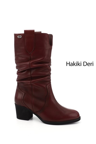 GÖNDERİ(R) Kadın Bordo Antik Kalın Topuklu Körüklü Hakiki Deri Çizme