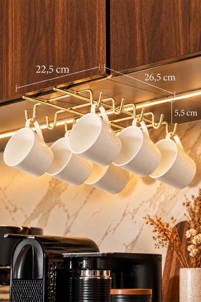 Edora Home Parlak Altın 10 Kancalı Bardak Askılığı Raf Altı Kupa Fincan Düzen...