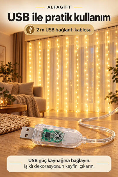 ALFAGİFT 3x3 Metre 8 Fonksiyonlu 300 Ledli Perde Led Işık-Uzaktan Kumandalı USB Kancalı Dekoratif Gün Işığı
