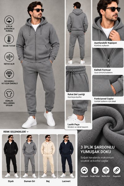WENMİNG Men's Hooded Zip-Up Tracksuit Set Basic Premium Comfortable Fit Casua...