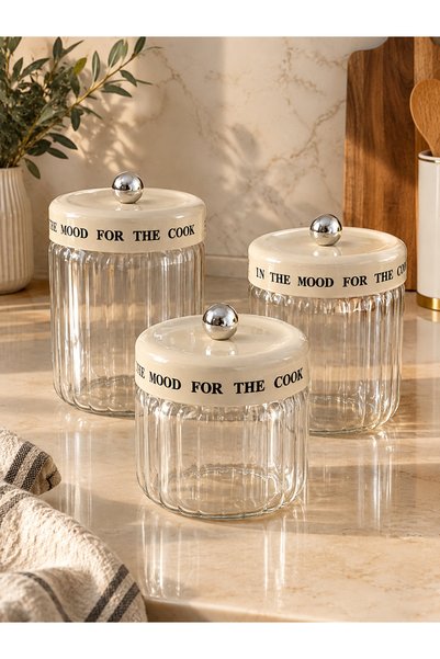 YS COLLECTION YŞ Home - 3’lü Çizgili Cam Saklama Kavanozu Krem Plastik Kapakl...