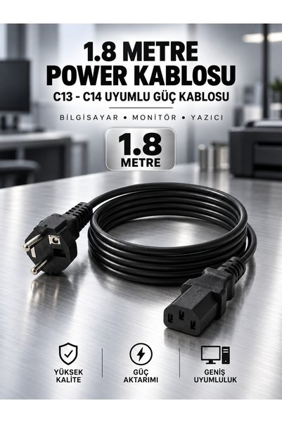 MVLH 1.8 Metre Power Kablosu C13 - C14 Uyumlu Güç Kablosu (Bilgisayar, Monitör, Yazıcı) Yüksek Kalite