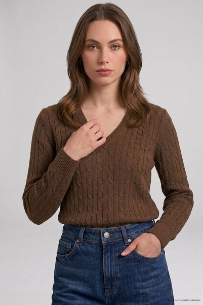 SMILE Agostina Tobacco 100% Cotton V-Neck Knitwear Sweater