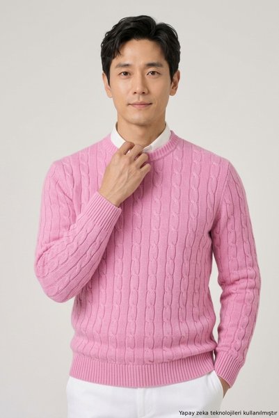 SMILE Dario Pink 100% Cotton Hair Knit Crew Neck Sweater