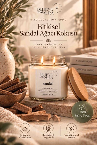Believe Your Aura Sandal Ağacı Kokulu Kavanoz Mum - %100 Doğal Soya Mumu Bamb...