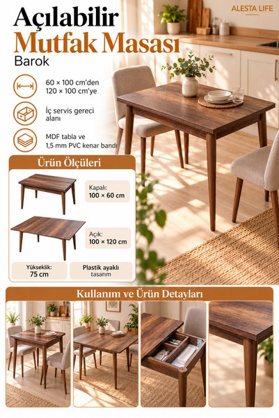 Alesta Life Açılabilir Barok Mutfak Masası, Yemek Masası 60x100 cm