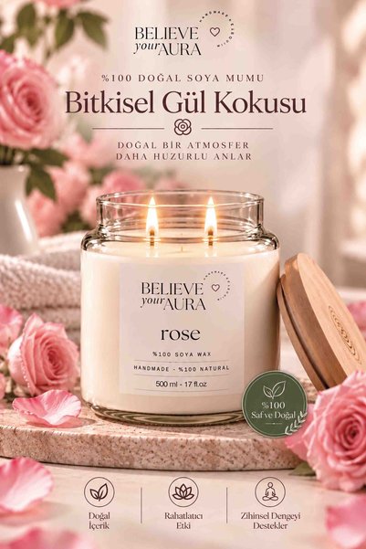 Believe Your Aura Gül Kokulu Kavanoz Mum - %100 Doğal Soya Mumu Bambu Kapaklı...
