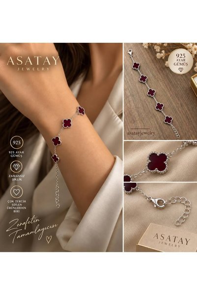 ASATAY 925 Ayar Gümüş Şans Yoncası Dört Yapraklı Yonca Bileklik Ayarlanabilir...