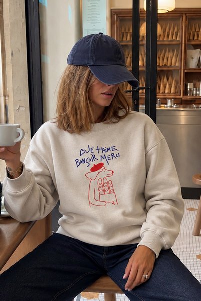 Monila Kadın Premium Kumaş 3 İplik Şardonlu Köpek Baskılı Sweatshirt
