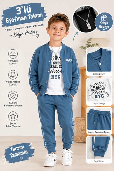 İray Boys' 3-Piece Tracksuit Set with Necklace Gift - Printed T-Shirt, Zipper...