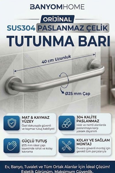 Paslanmaz Çelik 40 Cm Engelli Tutamak Çap 25