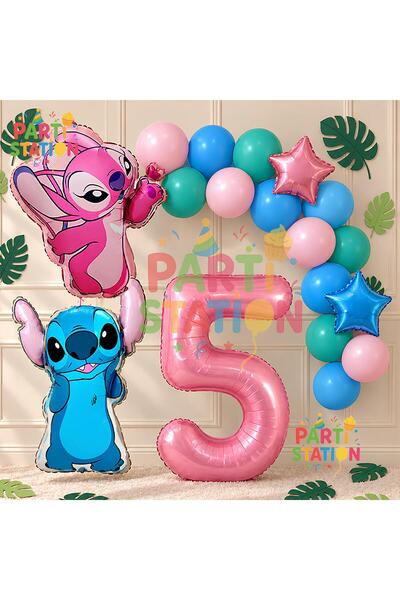 Parti Station Lilo Stitch Balloon and Angel 5Th Birthday Party Set Pink Numbe...