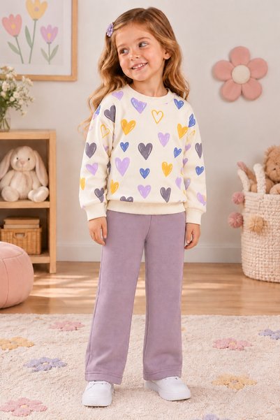 ışık kids Girl's Three-Threaded Colorful Heart Patterned Sweatshirt and Sweat...