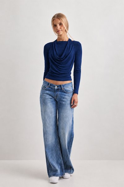 ecemore Double Layered Front, Halter Neck, Flowy, Drapey Collar, Long Sleeve Viscose Blouse