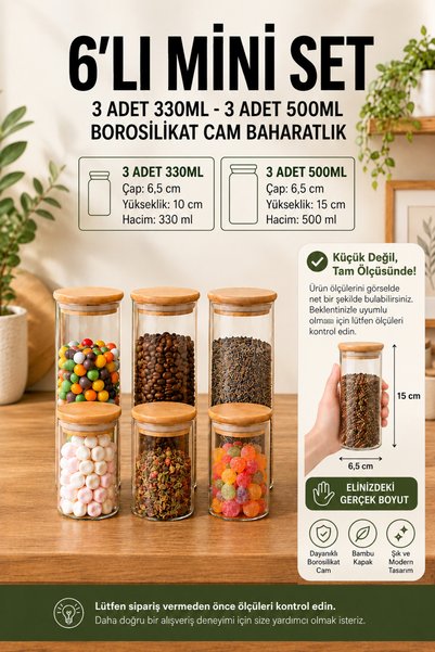 NimaWare Vakum Kapaklı Hava Geçirmez 6'lı Cam Baharat Seti | Mutfak Düzenleyici