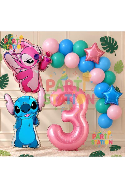 Parti Station Lilo Stitch Balloon and Angel 3Rd Birthday Party Set Pink Numbe...