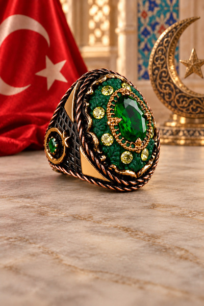 Siset Gümüş 925 Ayar Oyma Yeşil Kehribar Üzerine Yeşil Zirkon Taşlı Erkek Güm...
