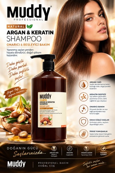 Muddy Argan-Keratin ve Nemlendirici içerikli Kuru-Zayıf ve Nemini kaybetmiş s...